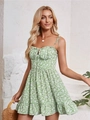 Sexy grünes Minikleid mit Blumenmuster, Schultergurten zum Binden und Raffung für Damen - S / Hellgrün