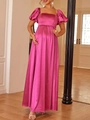 Elegant rose red maternity maxi dress with puff sleeves and sexy backless satin design - S / Rose Red