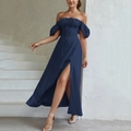 Abito lungo blu scuro a spalle scoperte con maniche a sbuffo e spacco laterale - XS / Blu Notte