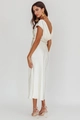 Detail of elegant white satin maxi dress featuring a draped backless design and slim fit - S / Ivory