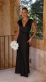Vestido de noche elegante en satén negro con cuello en V y corte sirena para bodas y fiestas - S / Negro