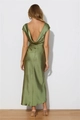 Detail of elegant olive green satin maxi dress showing the low U-shaped backless design - S / Olive Green
