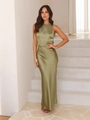 Elegant olive green satin maxi mermaid dress with backless design for formal evening wear - S / Olive Green