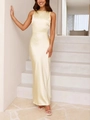 Elegant backless satin mermaid dress in champagne beige with a sleek halter neckline - S / Apricot