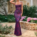 Slim fit purple floral maxi dress with red rose print and drawstring neckline details - Purple Red Rose Floral