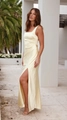 Elegant cream yellow satin maxi dress with a square neck and high side slit - S / Champagne