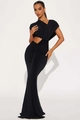 Detailansicht des schwarzen One-Shoulder-Abendkleids mit elegantem Faltenwurf und Ausschnitt - S / Schwarz