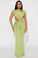 Detailansicht des lindgrünen Slim-Kleides mit Cut-out und eleganter Raffung - S / Grün