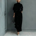 Chic black velvet tracksuit set with high-neck zipper top and wide-leg trousers - Black