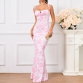 Floral print backless maxi dress with spaghetti straps and a mermaid hem silhouette - Pink French Toile de Jouy Print