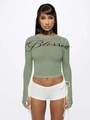 Eng anliegendes hellgrünes Mesh-Langarmshirt mit schwarzem Blessed-Buchstaben-Print - S / Grün