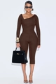 Detail of dark brown slim fit two-piece set with asymmetric neckline and knit texture - S / Coffee