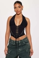 Detail of black halter corset top with front criss-cross lacing and metal hook fasteners - S / Black