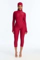 Driedelige sportset met lange mouwen top met rits, driekwart legging en bijpassende hoofddoek - S / Rood