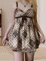 Retro brown plaid dress with bow ties, double ruffles and spaghetti straps - S / Brown