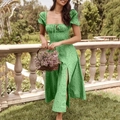 French style floral split maxi dress with puff sleeves and green vintage print - XS / Green