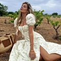 White floral French maxi dress with puff sleeves, high slit, and drawstring neckline - XS / White Yellow Floral