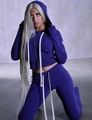 Detail of slim-fit deep purple sports tracksuit with white drawstrings and zipper hood - S / Blue