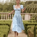Elegant light blue floral midi dress with puff sleeves and square neckline for summer - XS / Sky Blue