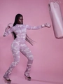 Pink camouflage print long sleeve bodycon jumpsuit with zipper and stand collar - S / Pink