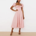 Pink floral print midi dress featuring square neck, puff sleeves and side split detail - Pink