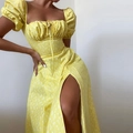 Yellow floral print dress with puff sleeves and front slit detail for summer fashion - Dark Yellow