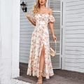 Floral off-shoulder maxi dress with puff sleeves and high side slit in white and pink - White Pink Rose