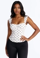 Close-up of white polka dot bustier top with lace trim and structured corset boning - S / White