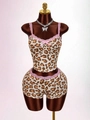 Women's leopard print lace camisole and shorts pajama set with pink bow detail - S / Brown Leopard