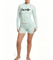 Detail of mint green athletic set featuring hooded zip jacket with body print and shorts - Sky Blue