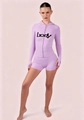 Close-up of purple high-stretch two-piece sportswear with hoodie and body text print - Purple