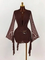 Dunkelbraunes Netz-Minikleid mit ausgestellten Ärmeln und silberner Metallschnalle - S / Kaffeebraun