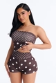 Detailed view of brown polka dot two-piece set featuring backless tube top and fitted shorts - Brown