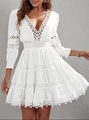 White boho V-neck tiered lace dress with lantern sleeves and elastic waist details - S / White