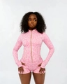 Pink leopard print two-piece fitness set with zip-up jacket and tight sports shorts - S / Pink