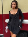 Slim fit black long sleeve mini dress with ruffled deep V-neck and tiered flounce hemline - Black