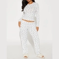Conjunto de ropa de casa floral para mujer con top de manga larga y pantalón a juego - S / Blanco