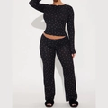 Conjunto de pijama de 2 piezas negro con flores y detalles de encaje rosa - S / Negro