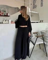 Completo chic nero tre pezzi con cardigan lungo, top corto e pantaloni larghi a vita alta - S / Nero