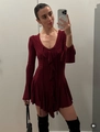 Slim fit dark red long sleeve dress with ruffle details and elegant V-neckline - Red