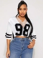T-shirt en résille blanc pour femme avec imprimé 98 et col bordé de dentelle - Blanc