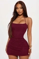 Detail shot of sparkling rhinestones on burgundy bodycon mini dress with halter neck design - S / Red