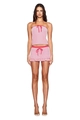 Detail of pink velvet two-piece set with red bow accents and ruffled mini skirt hem - S / Pink