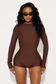 Chocolate brown high-elastic long sleeve bodysuit with crew neck and side ruching details - S / Coffee