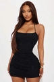 Detailed view of black rhinestone sequins on a slim fit halter neck party dress - S / Black