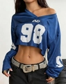 Marineblauwe mesh sport-crop top met witte nummer 98 print en lange mouwen - S / Blauw