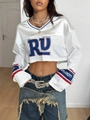 Witte crop top met lange mouwen, jersey stijl met blauwe RU belettering - S / Wit en Blauw