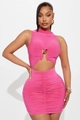 Raffiniertes rosenpinkes Minikleid mit Taillenausschnitten und goldenem Herzdekor - S / Rosarot