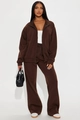 Women's 2-piece deep brown track suit with stand collar zip jacket and pants - S / Coffee