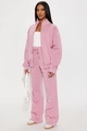 Chic pink two-piece tracksuit featuring a stand collar zipper jacket and wide-leg trousers - Pink